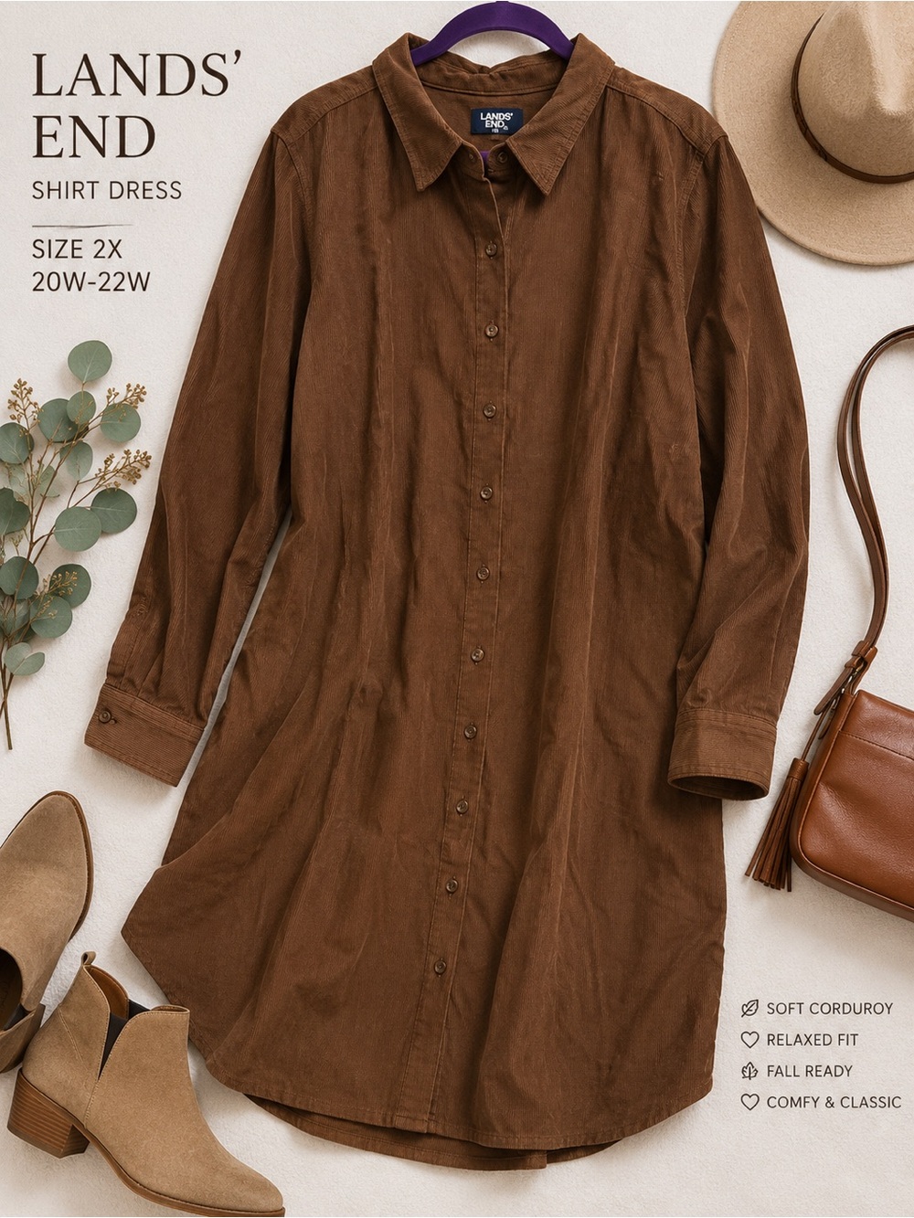 Lands' End Chocolate Brown Corduroy Button-Front Shirt Dress 100% Cotton